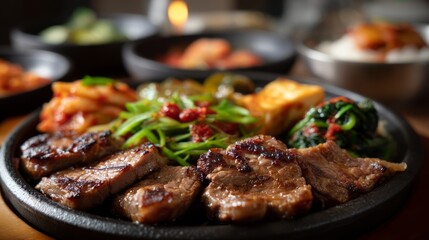 Mouthwatering korean bbq platter with sizzling meats and fresh vegetables