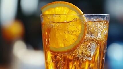 Refreshing Orange Summer Cocktail Drink Iced Beverage Glass Bubbles Cold Yellow Citrus Sparkling Delicious Tasty Refreshment Summertime Sunshine Vibrant Orange Slice Ice 