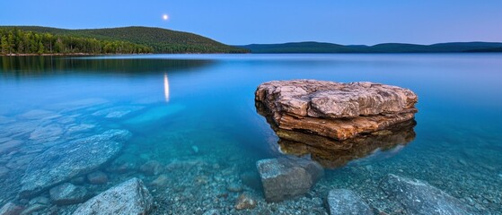 A serene lake at dusk, with a rocky outcropping and a distant mountain range.