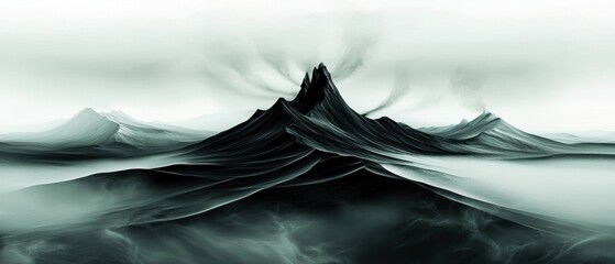 A dark, rocky mountain peak rises from a vast, cloudy sky.