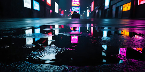 Moody Urban Alleyway Featuring Colorful Neon Lights and Rainy Reflections

