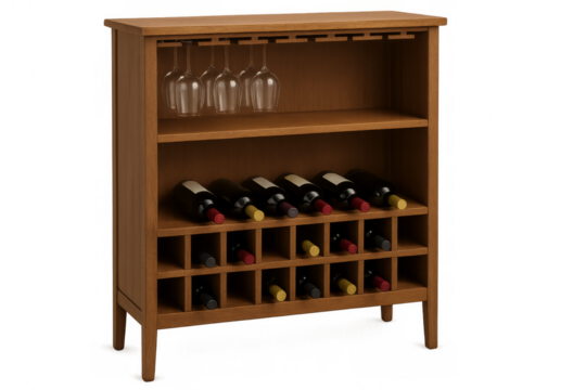 Wooden wine rack storing bottles and hanging wine glasses on transparent background