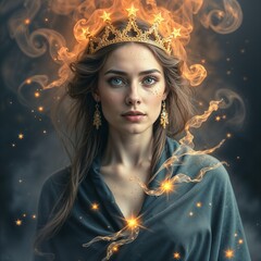 Enchanting woman with crown and glowing effects on dark background  