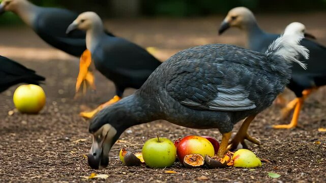 Dodo bird with apples, foraging in a natural habitat, rare bird species and wildlife