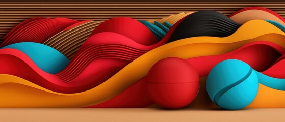 A 3D rendering of abstract art featuring a variety of shapes and colors.