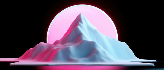 A digital rendering of a stylized mountain range illuminated by a pink and red glow.