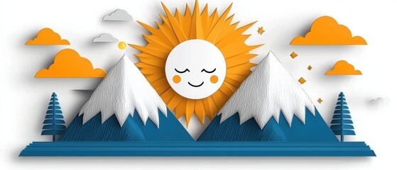 A paper cutout of a smiling sun with a face and a mountain range.