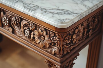 Intricate floral carvings adorn this elegant wooden console table, topped with a marble surface.