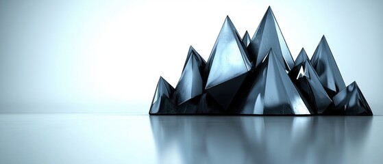 A group of metallic pyramids on a reflective surface.