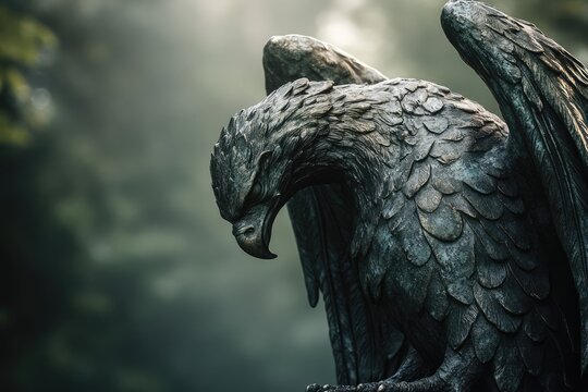 A majestic bronze eagle statue, head bowed, captured in a serene, misty outdoor setting.