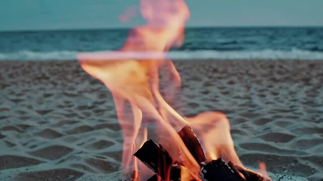 Campfire flames on beach