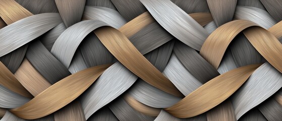 A close-up view of a woven fabric with a repeating pattern of interwoven strands in shades of gray, white, and gold.