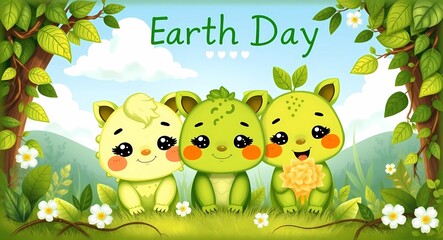 Naklejka premium Earth day cute animals cartoon illustration for kids and children's educational art