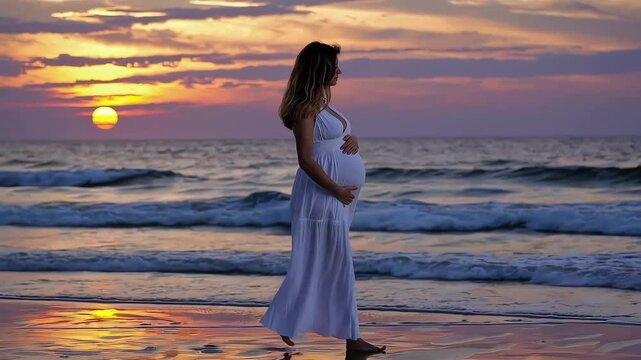 Pregnant woman walking at beach sunset