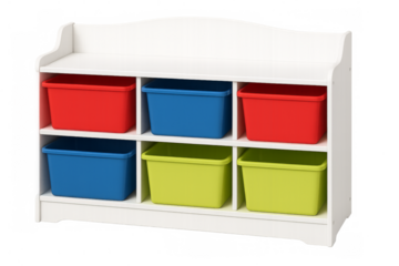 White wooden toy organizer with colorful plastic bins on transparent background