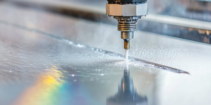 A waterjet cutting machine is shown slicing through a metal sheet with precision. Industrial technology, manufacturing, machining