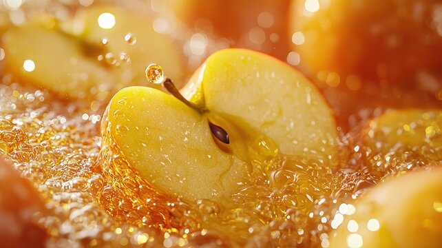 National apple day with fruit juice idea. Fresh apple slice splashing in bubbly juice.