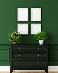 Sophisticated green room with dark furniture, framed art and vibrant plants creating a stylish and inviting space.