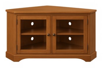 Wooden corner tv stand with glass doors on transparent background