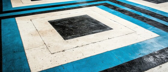 A geometric pattern of black, white, and blue squares and rectangles.