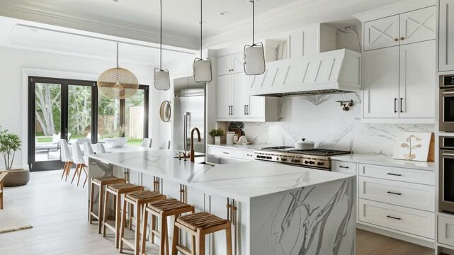 Contemporary Kitchen and Outdoor Living Space with Marble Island and Seamless Indoor-Outdoor Design