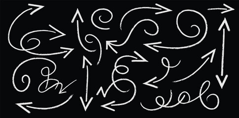 Chalkboard arrow doodles pack - white chalk hand drawn swirls, chaotic curves, artistic pointers. Grunge pencil sketches, crayon scribbles design elements set. Marker outlines on black background.