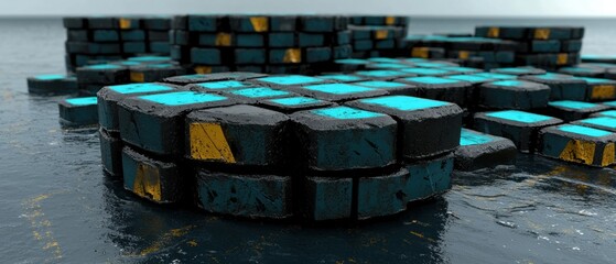 A 3D rendering of a futuristic cityscape with a unique color scheme.