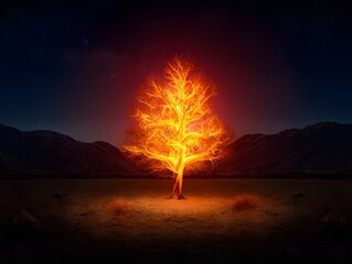A luminous tree glows with an ethereal flame, a captivating and surreal scene. The vibrant, fiery hues of the tree contrast against the dark landscape.