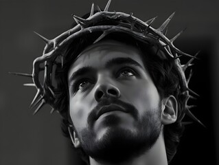 A profound portrait of a man bearing a crown of thorns, his gaze lifted skyward in contemplation. This monochromatic image evokes a sense of somber reverence and spiritual reflection.