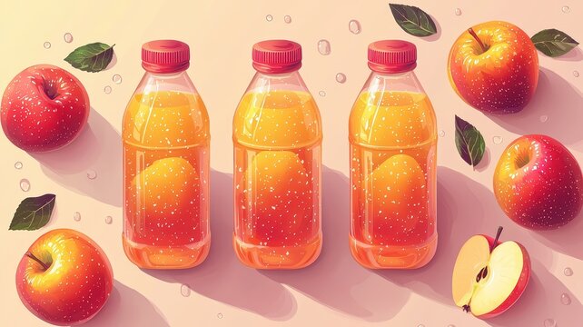 National apple day with fruit juice idea. Bottles of apple juice with fruit on a colorful background. - Powered by Adobe