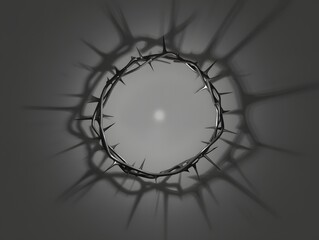 A hauntingly beautiful, overhead view of a thorn crown is set against a dim, surreal background, evoking a sense of reflection and symbolism. The dark, sharp thorns cast long shadows.