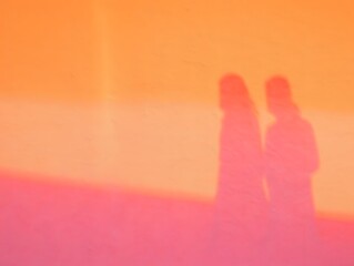 Captured in a sun-kissed glow, the silhouette of a couple stands embracing on a textured wall. The warm, vibrant hues of sunset create a romantic and intimate mood.