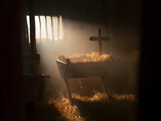 A sacred and serene interior of a stable, bathed in gentle light, illuminates a humble manger and a simple wooden cross, evoking a sense of reverence and peace. 
