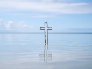 A serene scene of a metallic cross standing gracefully in tranquil water, with a reflection. The sky is painted with soft hues of blue, capturing a sense of peace and spirituality.