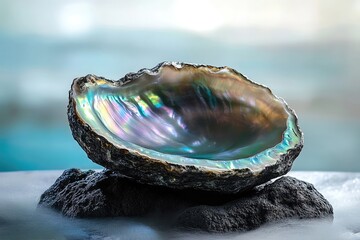 A vibrant abalone shell, iridescent and captivating, rests on dark rocks against a blurred ocean backdrop.