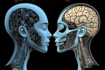 Two heads facing, one organic with brain visible, the other cybernetic with intricate circuitry