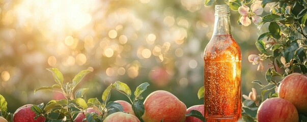 National apple day with fruit juice idea. Glass bottle of juice surrounded by apples and sunlight in a garden.