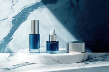 Elegant blue skincare products displayed on a marble surface, bathed in soft sunlight.