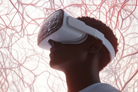 Person wearing VR headset, immersed in a virtual world resembling a neural network.