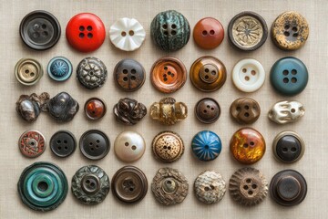 A collection of vintage buttons in various colors, shapes, and materials.