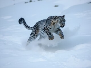 Fototapeta premium Dynamic Snow Leopard Sprinting Through Snowy Mountain Terrain