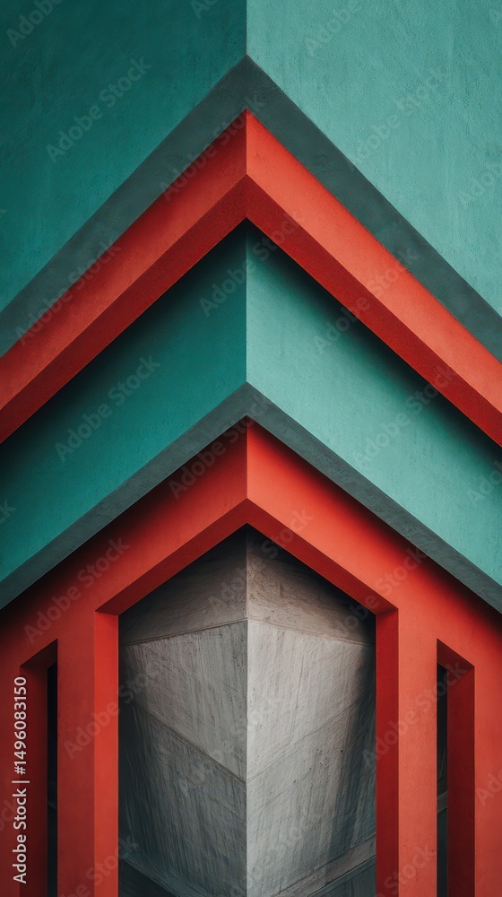 Poster geometric abstract design featuring bold red and teal color contrasts in architectural elements with