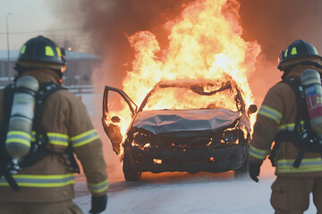 Naklejka premium Two firefighters approach a vehicle engulfed in flames. The fire rages, creating a dangerous scene. A wintery backdrop sets the scene for this emergency situation.
