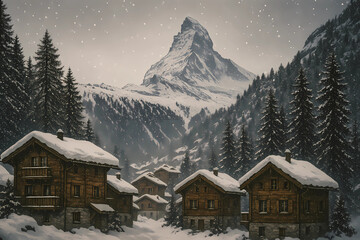 Fototapeta premium Snowy mountain range with a village in the valley below