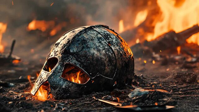 Burning Viking helmet in battlefield ruins
