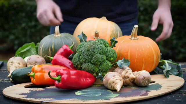 Abundance Of Autumnal Harvest Fresh Vegetables And Vibrant Color On Painted Board