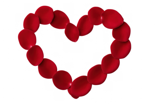 Red rose petals arranged in the shape of a heart on a transparent background, ideal for romantic projects
