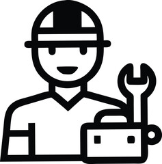 Black Line Icon Of Handyman Holding Wrench And Too