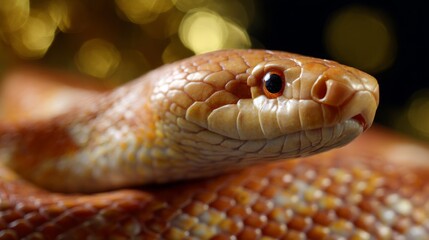 Obraz premium Superhero snake with glowing scales coiled against golden bokeh background