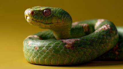 Fototapeta premium Superhero snake with glowing scales on yellow background for creative design
